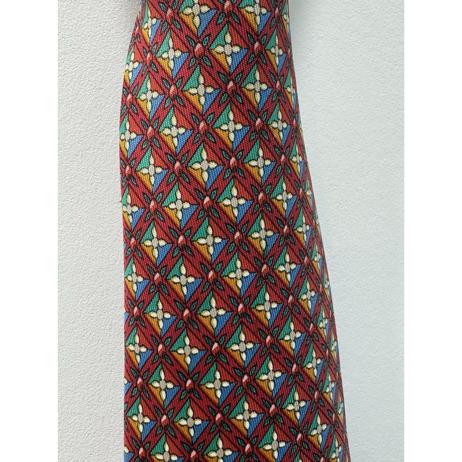Herms Paris Silk Tie Red Orange Multicolor Geometric Lattice Vintage 90s France
